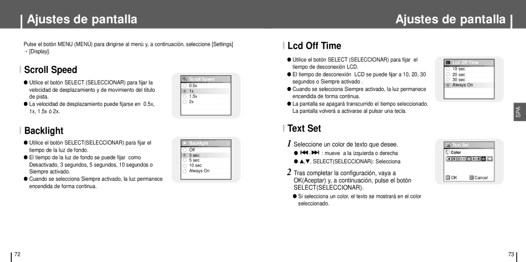 Samsung YH-J70SW/ELS manual Ajustes de pantalla, Lcd Off Time, Scroll Speed, Backlight, Text Set 