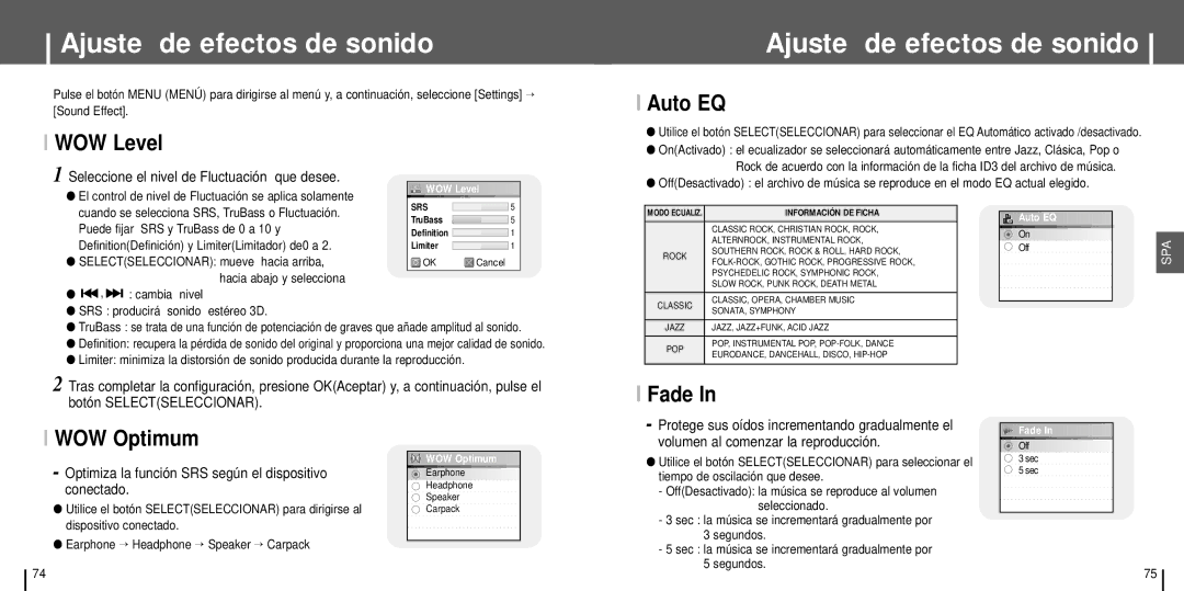 Samsung YH-J70SW/ELS manual Ajuste de efectos de sonido, WOW Level, Auto EQ, WOW Optimum, Fade 