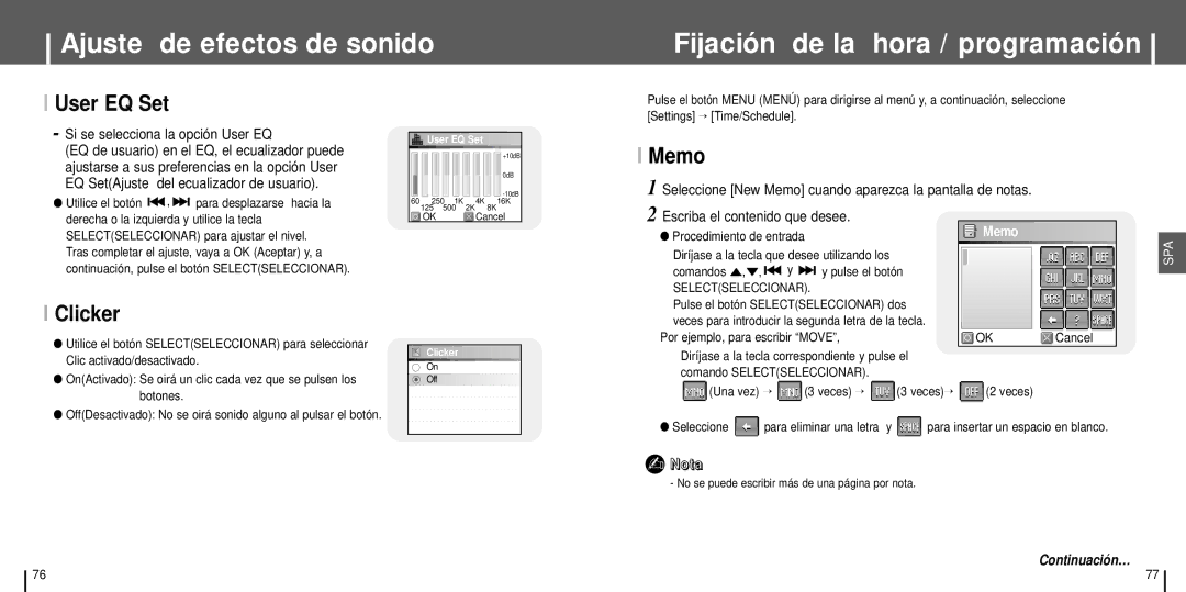 Samsung YH-J70SW/ELS manual User EQ Set, Memo, Clicker, Si se selecciona la opción User EQ 