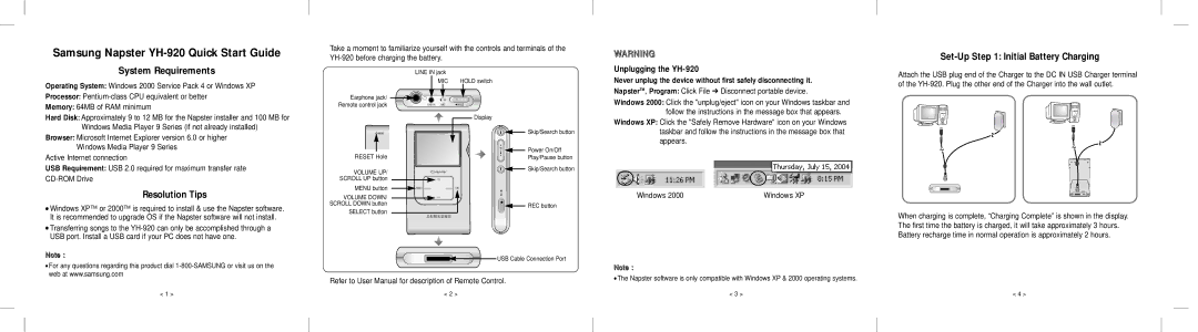 Samsung YH-920GS/XEU, YH920GS1/ELS, YH920GS2/ELS manual System Requirements, Resolution Tips, Set-Up Initial Battery Charging 