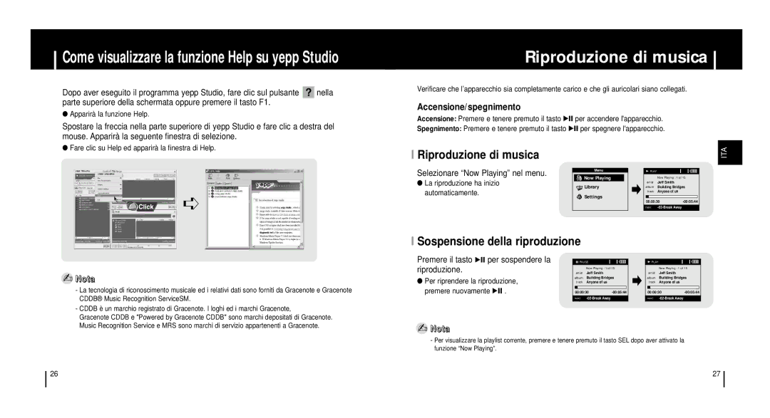 Samsung YH920GS1/ELS manual Riproduzione di musica, Sospensione della riproduzione, Selezionare Now Playing nel menu 