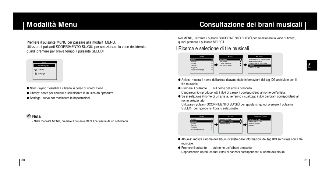 Samsung YH920GS1/ELS, YH920GS2/ELS Modalità Menu, Consultazione dei brani musicali, Ricerca e selezione di file musicali 