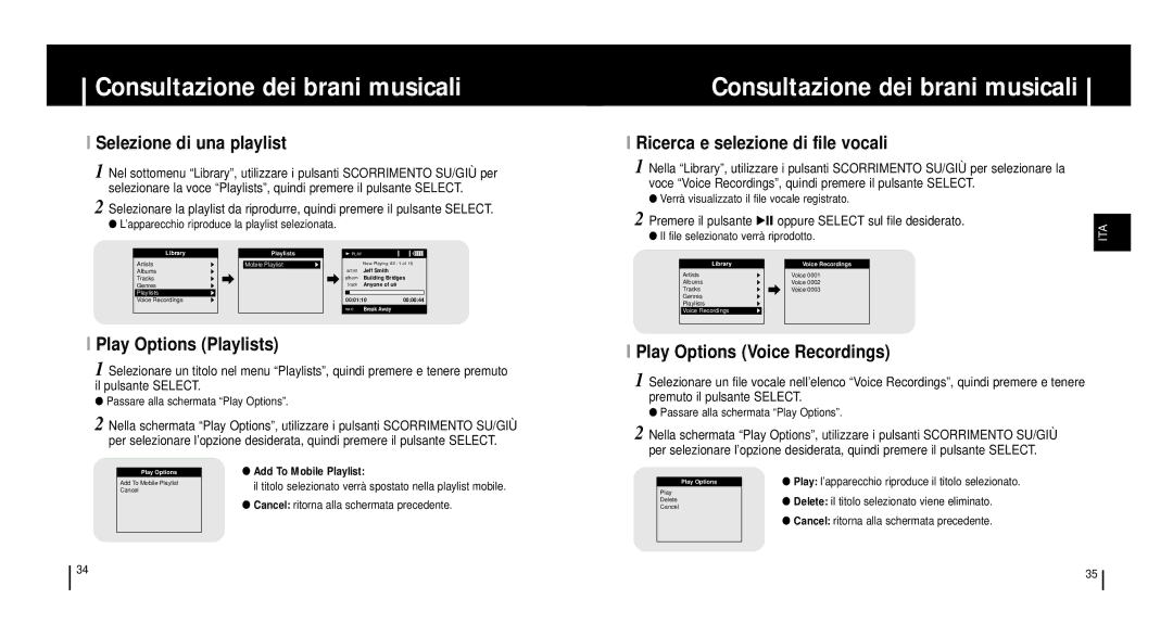 Samsung YH920GS1/ELS, YH920GS2/ELS Selezione di una playlist, Ricerca e selezione di file vocali, Play Options Playlists 