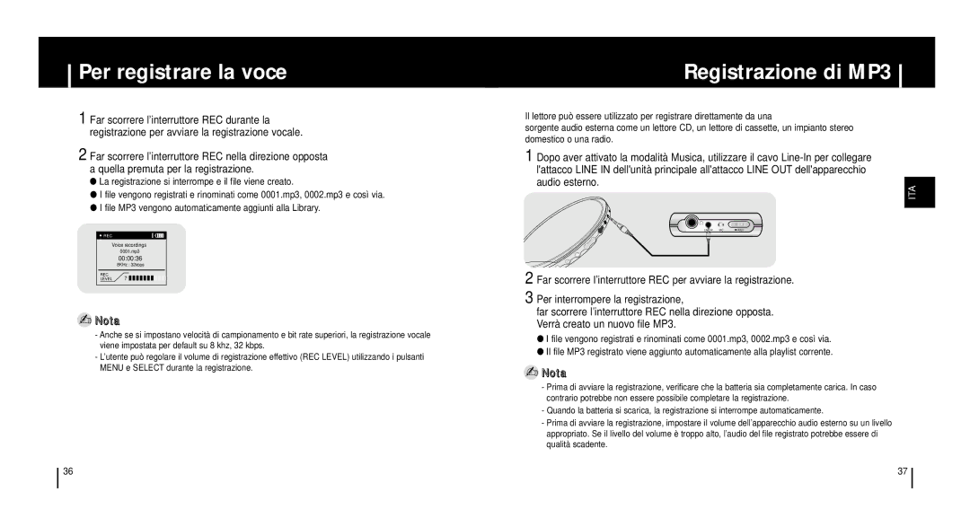 Samsung YH920GS2/ELS, YH920GS1/ELS manual Per registrare la voce, Registrazione di MP3, Audio esterno. ITA 