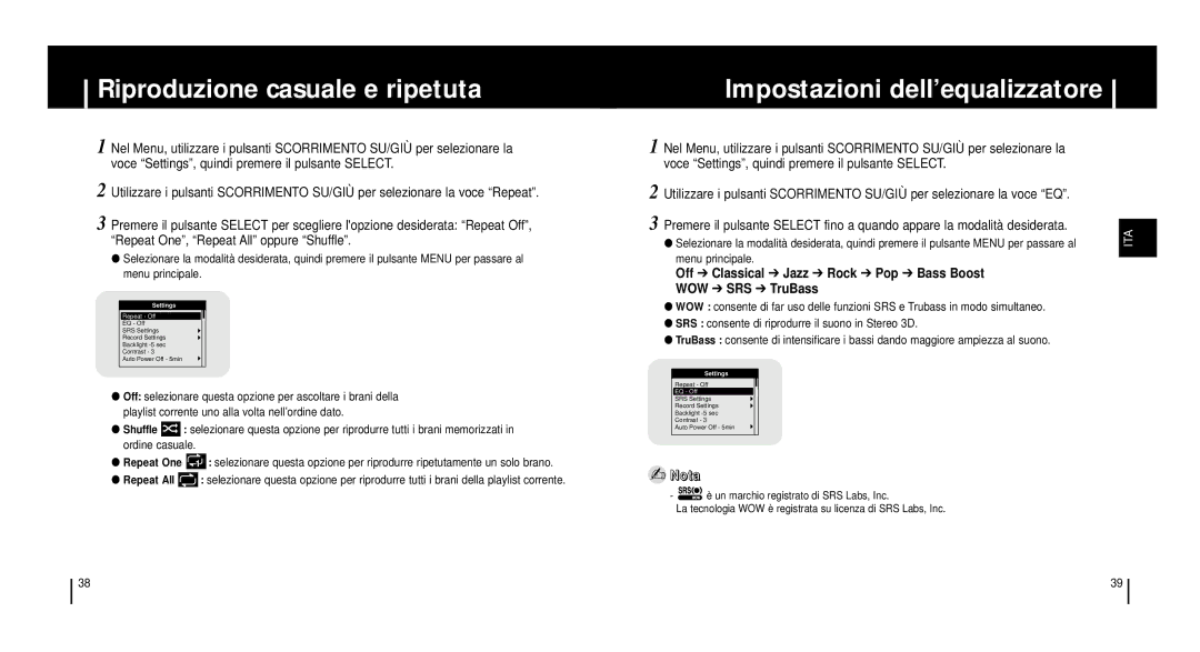 Samsung YH920GS1/ELS, YH920GS2/ELS manual Riproduzione casuale e ripetuta, Impostazioni dell’equalizzatore 