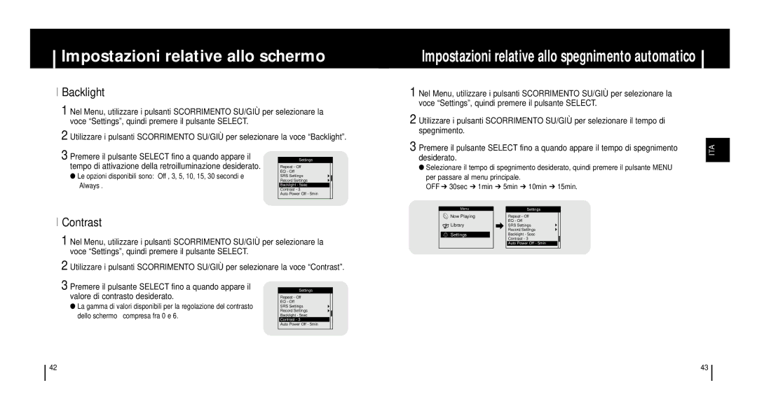 Samsung YH920GS1/ELS, YH920GS2/ELS manual Impostazioni relative allo schermo, Backlight, Contrast 