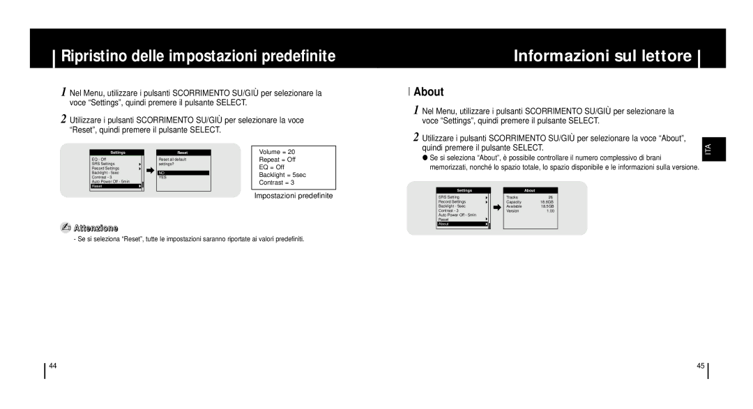 Samsung YH920GS2/ELS, YH920GS1/ELS manual Ripristino delle impostazioni predefinite, Informazioni sul lettore, About 