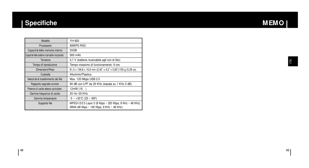 Samsung YH920GS2/ELS, YH920GS1/ELS manual Specifiche 