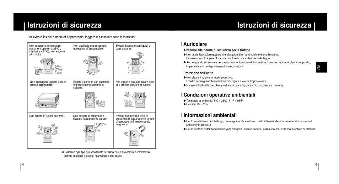 Samsung YH920GS2/ELS manual Istruzioni di sicurezza, Auricolare, Condizioni operative ambientali, Informazioni ambientali 