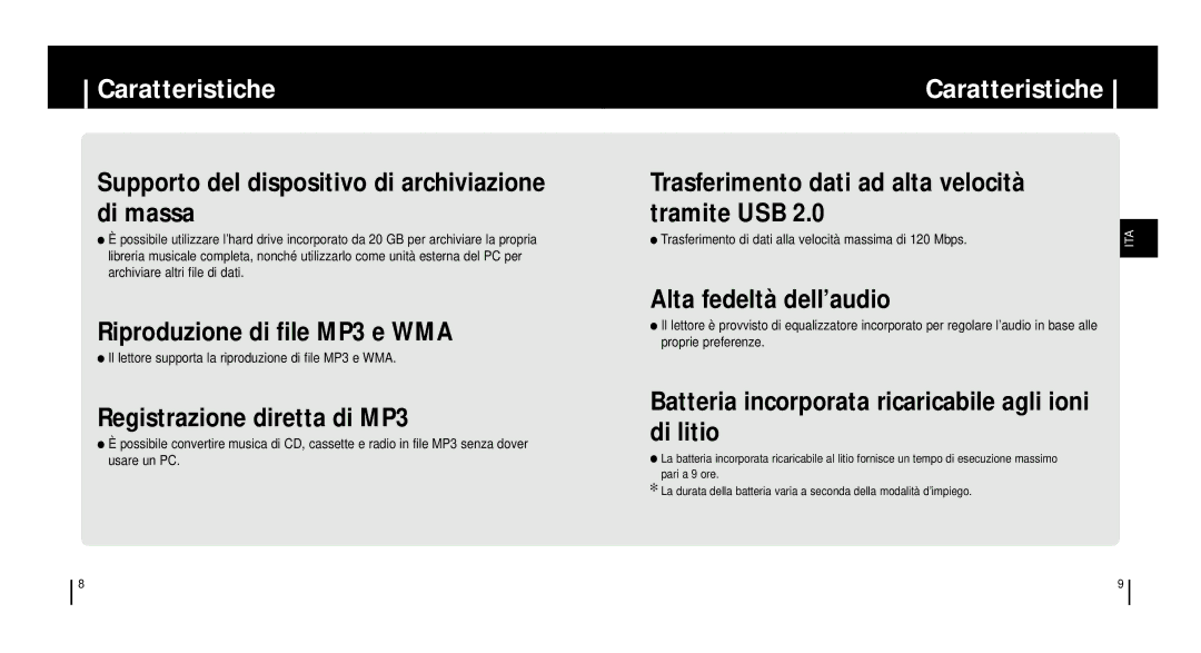 Samsung YH920GS2/ELS, YH920GS1/ELS manual Caratteristiche, Il lettore supporta la riproduzione di file MP3 e WMA 