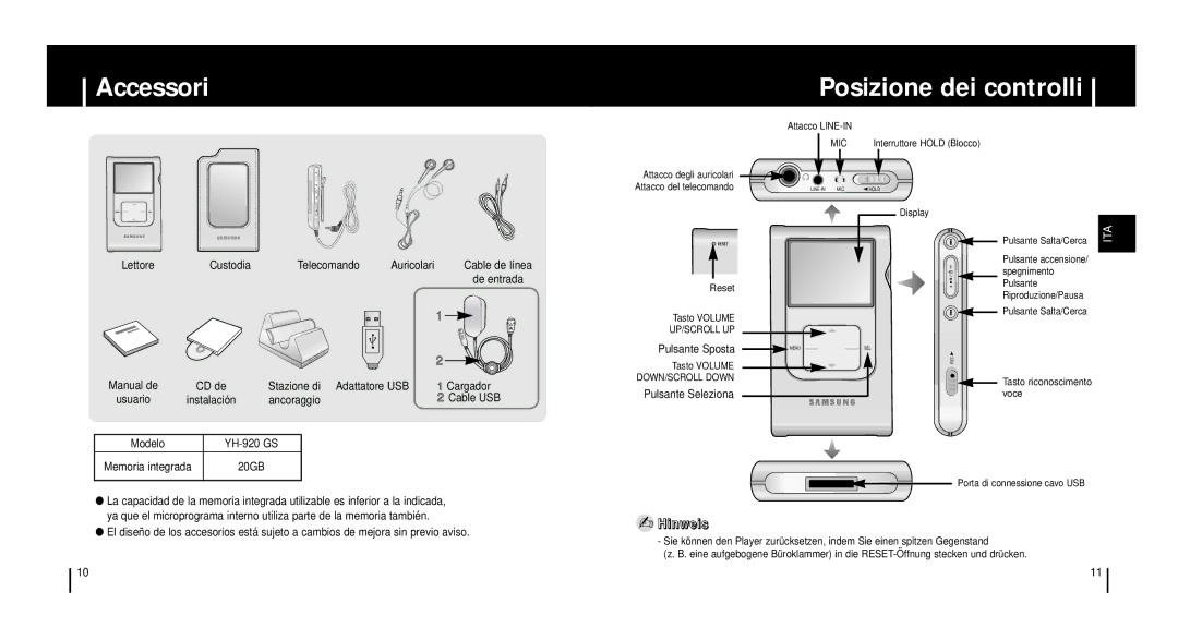 Samsung YH920GS1/ELS, YH920GS2/ELS manual Accessori Posizione dei controlli 