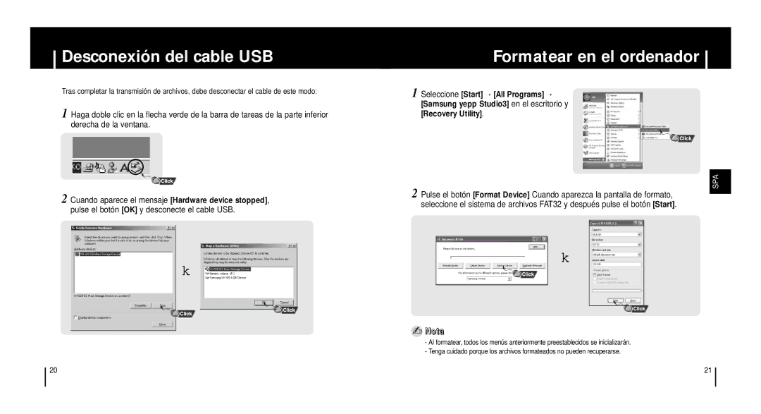 Samsung YH-920GS, YH920GS2/ELS manual Desconexión del cable USB, Formatear en el ordenador 