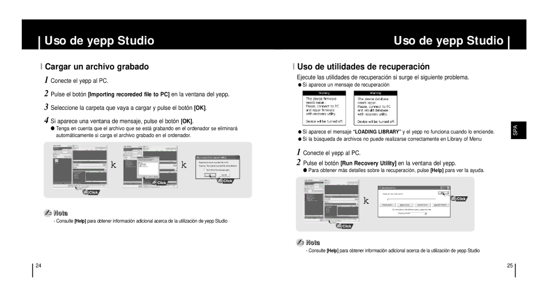 Samsung YH-920GS, YH920GS2/ELS manual Cargar un archivo grabado, Uso de utilidades de recuperació n, Conecte el yepp al PC 