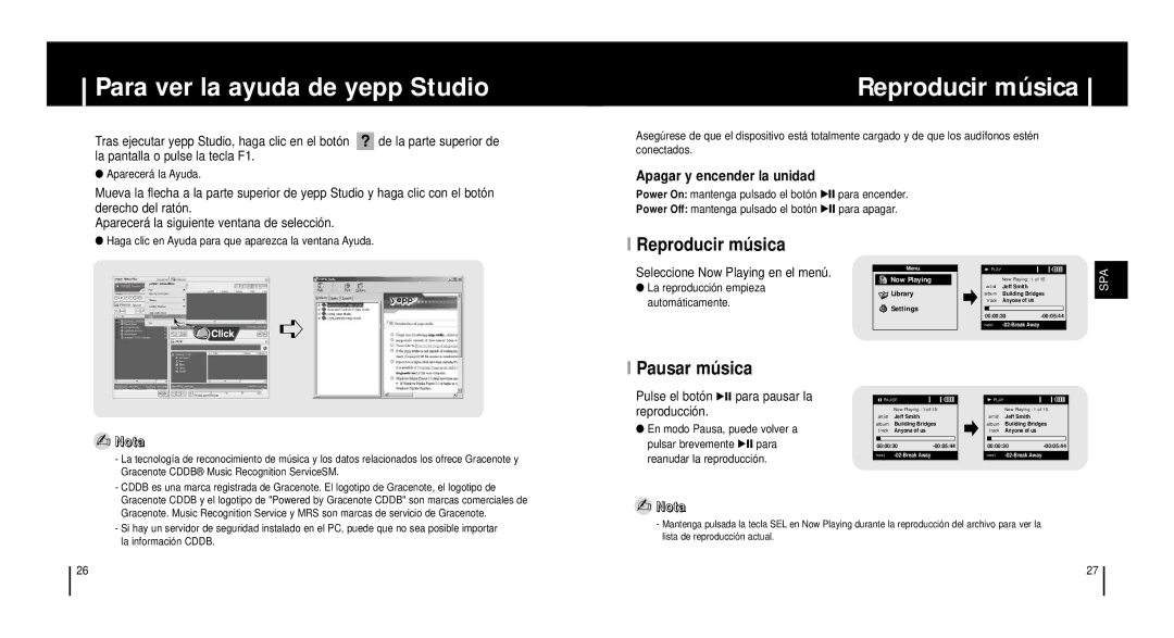 Samsung YH920GS2/ELS, YH-920GS Para ver la ayuda de yepp Studio, Reproducir música, Reproducir mú sica, Pausar mú sica 