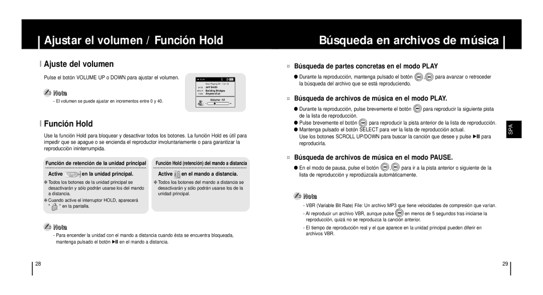 Samsung YH-920GS Ajuste del volumen, Funció n Hold, Pulse el botón Volume UP o Down para ajustar el volumen, Archivos VBR 