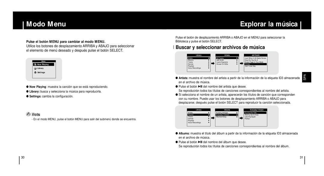 Samsung YH920GS2/ELS, YH-920GS manual Modo Menu, Explorar la música, Buscar y seleccionar archivos de mú sica 