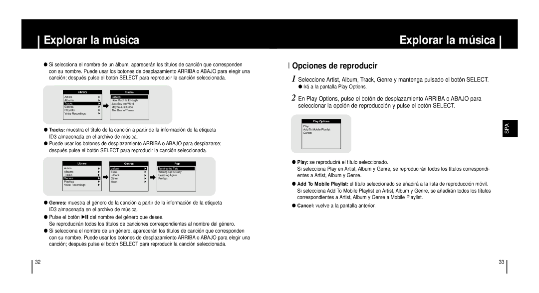 Samsung YH-920GS, YH920GS2/ELS manual Opciones de reproducir 