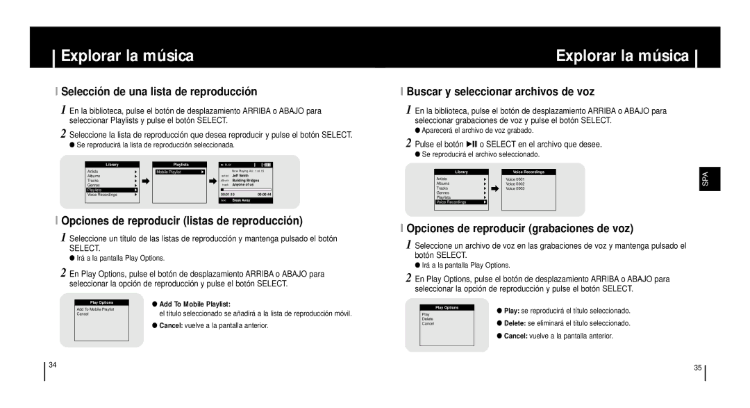 Samsung YH920GS2/ELS, YH-920GS Opciones de reproducir listas de reproducció n, Opciones de reproducir grabaciones de voz 