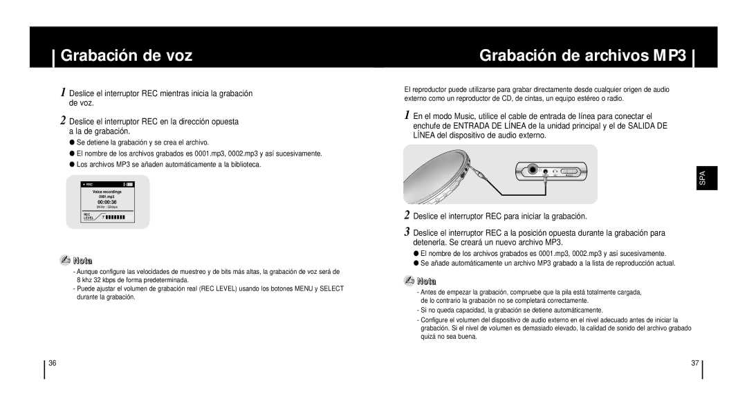 Samsung YH-920GS, YH920GS2/ELS manual Grabación de voz, Grabación de archivos MP3 