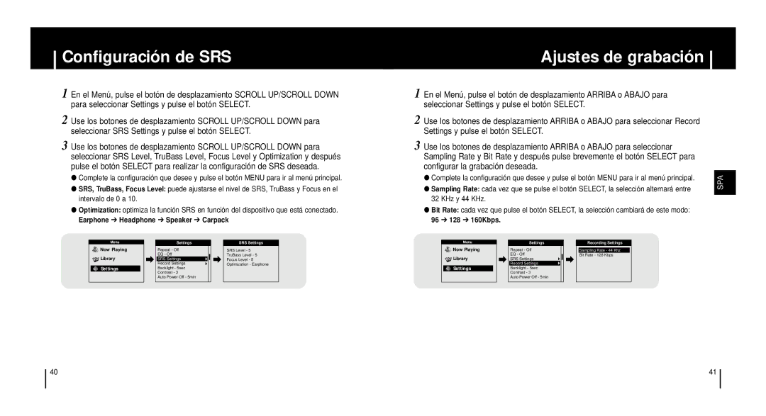 Samsung YH-920GS, YH920GS2/ELS manual Configuración de SRS, Ajustes de grabación 