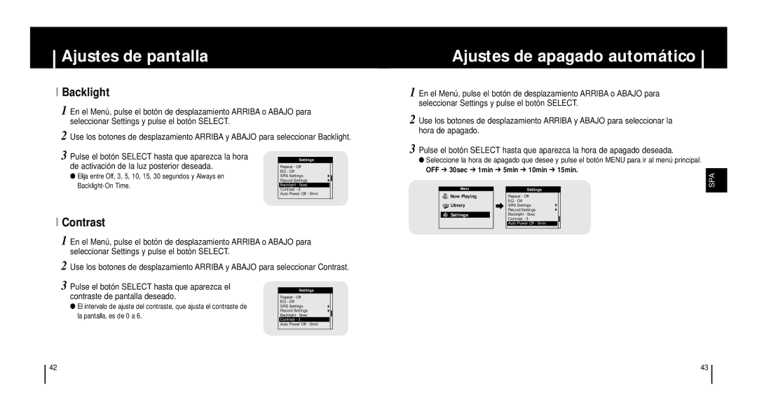 Samsung YH920GS2/ELS, YH-920GS manual Ajustes de pantalla, Ajustes de apagado automático, Backlight, Contrast 