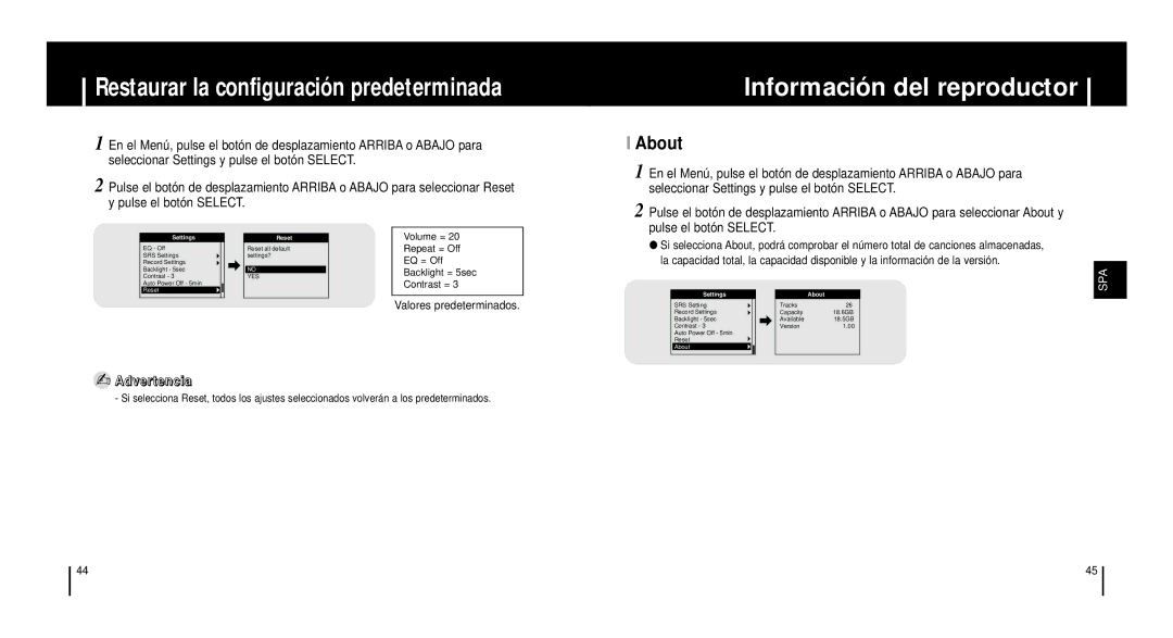 Samsung YH-920GS Restaurar la configuración predeterminada, Información del reproductor, About, Pulse el botón Select 