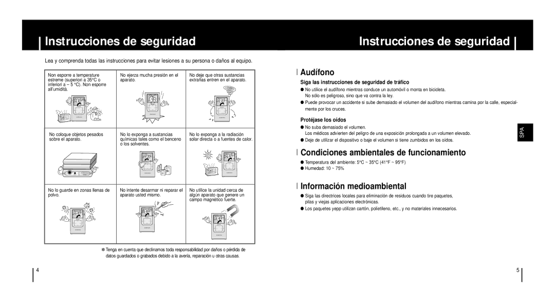 Samsung YH-920GS, YH920GS2/ELS manual Instrucciones de seguridad, Audífono, Condiciones ambientales de funcionamiento 