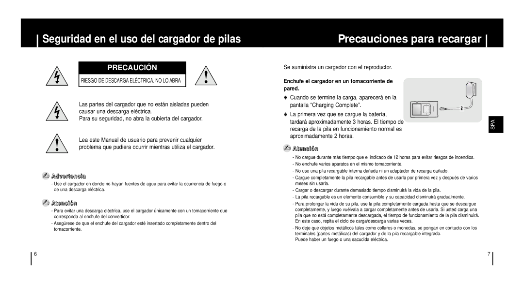 Samsung YH920GS2/ELS manual Seguridad en el uso del cargador de pilas, Precauciones para recargar, Aproximadamente 2 horas 