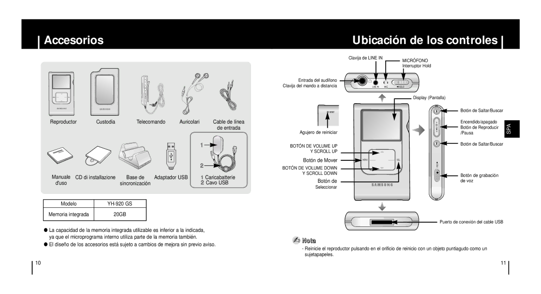 Samsung YH920GS2/ELS, YH-920GS manual Accesorios Ubicación de los controles 