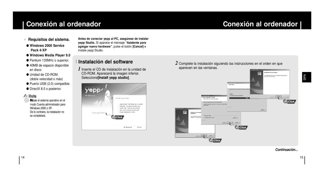 Samsung YH920GS2/ELS Conexión al ordenador, Instalació n del software, Pentium 133MHz o superior, Instale yepp Studio 