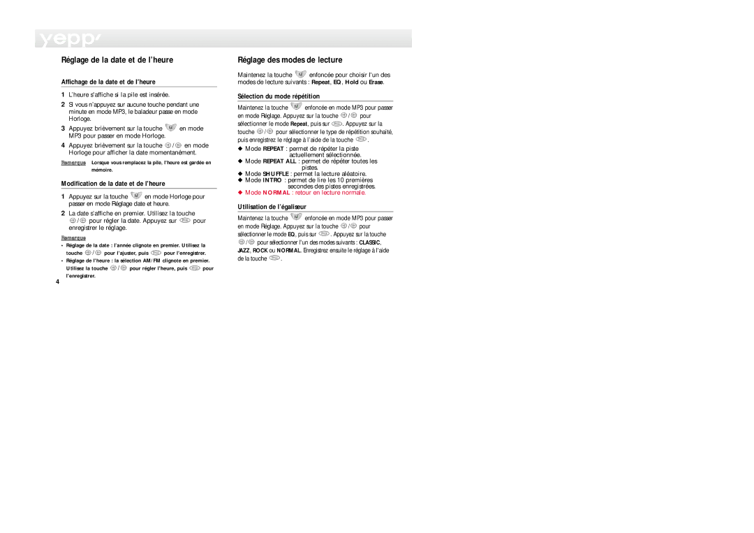 Samsung YP-20S/ELS, YP-20T/ELS manual Réglage de la date et de l’heure, Réglage des modes de lecture 