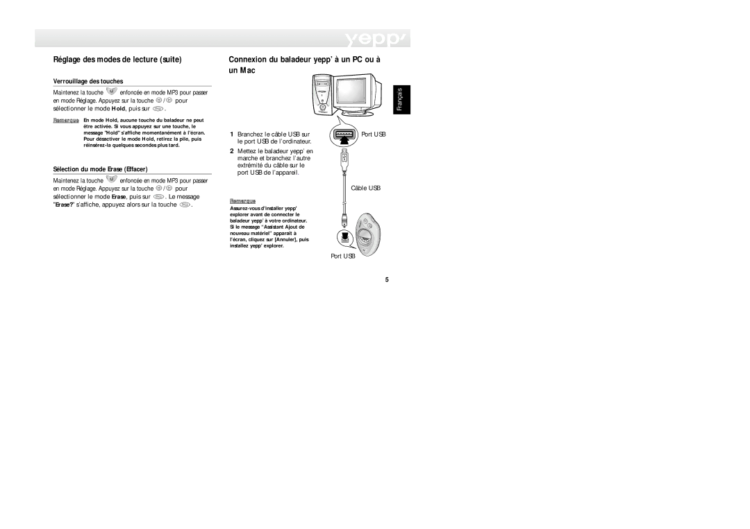 Samsung YP-20T/ELS, YP-20S/ELS manual Réglage des modes de lecture suite, Connexion du baladeur yepp’ à un PC ou à un Mac 