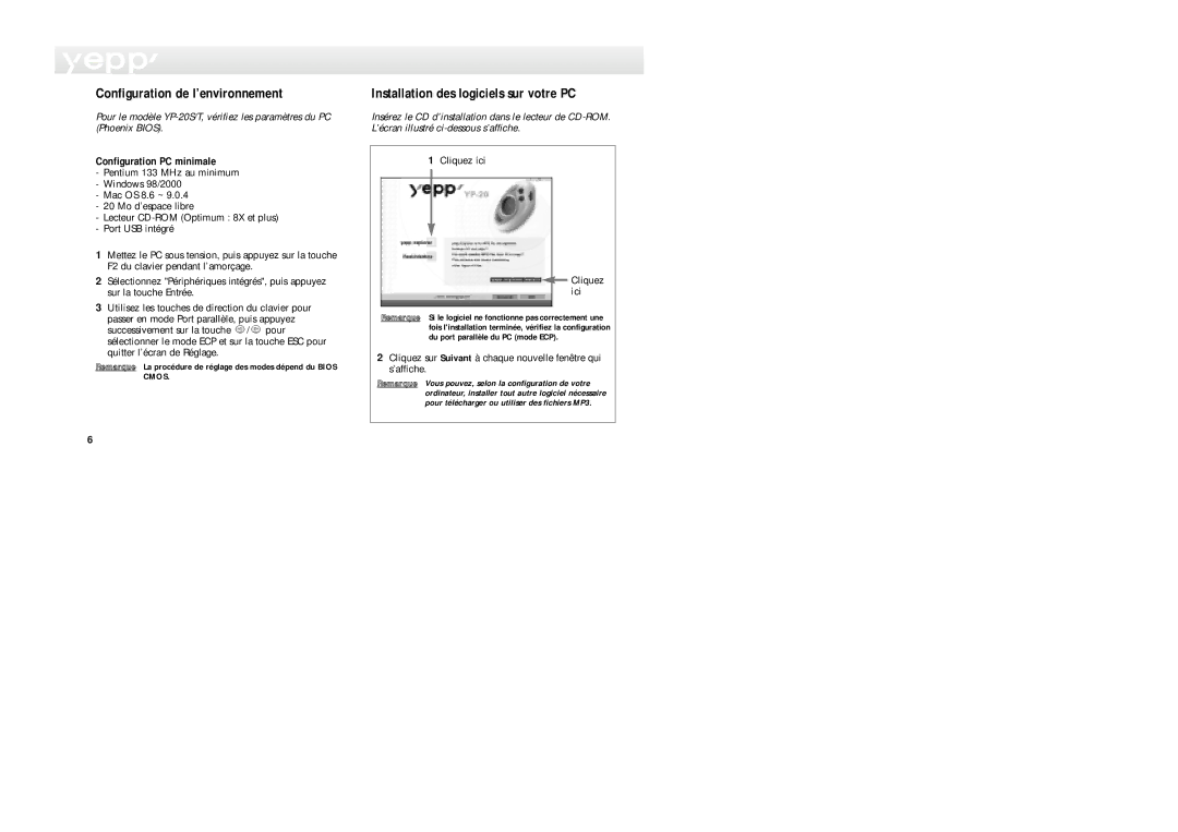 Samsung YP-20S/ELS Configuration de l’environnement, Installation des logiciels sur votre PC, Configuration PC minimale 