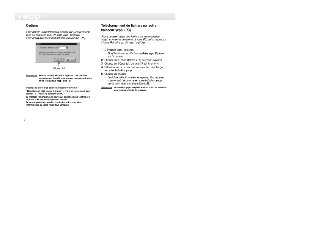 Samsung YP-20S/ELS, YP-20T/ELS manual Options, Téléchargement de fichiers sur votre baladeur yepp’ PC 