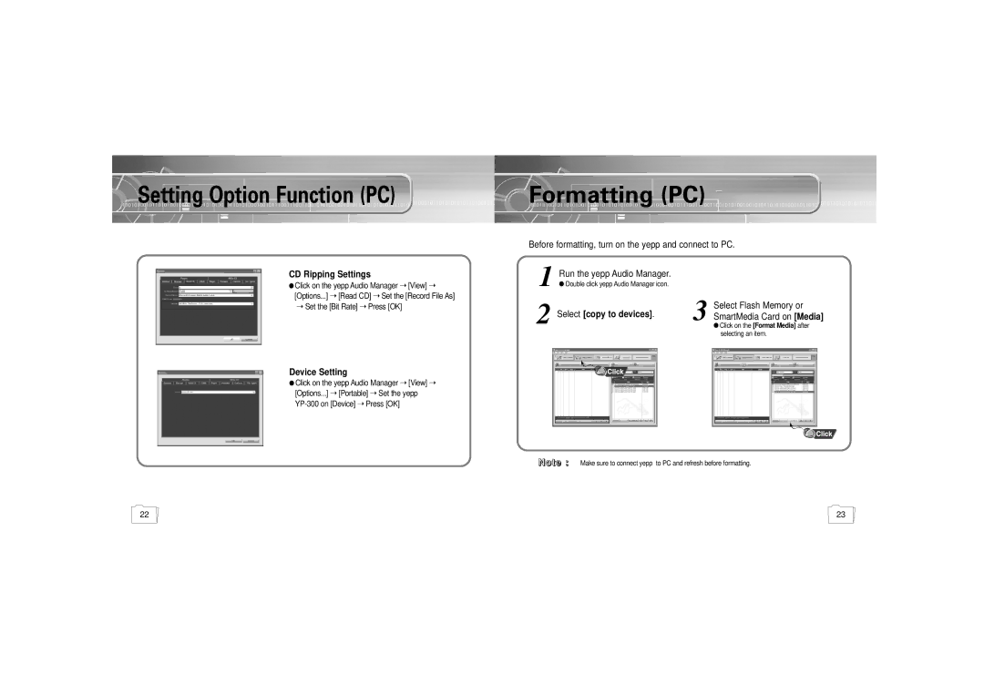 Samsung YP-300 Formatting PC, CD Ripping Settings, Device Setting, Before formatting, turn on the yepp and connect to PC 