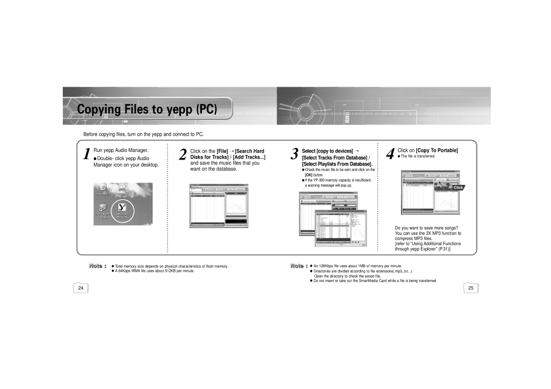 Samsung YP-300 manual T e, Before copying files, turn on the yepp and connect to PC, Manager icon on your desktop, Click on 