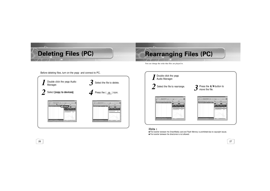 Samsung YP-300 manual Deleting Files PC, Rearranging Files PC 