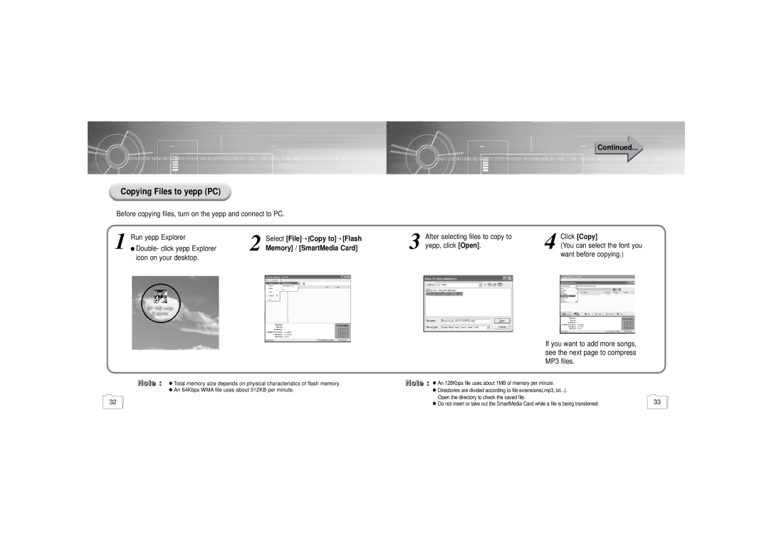 Samsung YP-300 manual Copying Files to yepp PC, Flash, SmartMedia Card, Open 