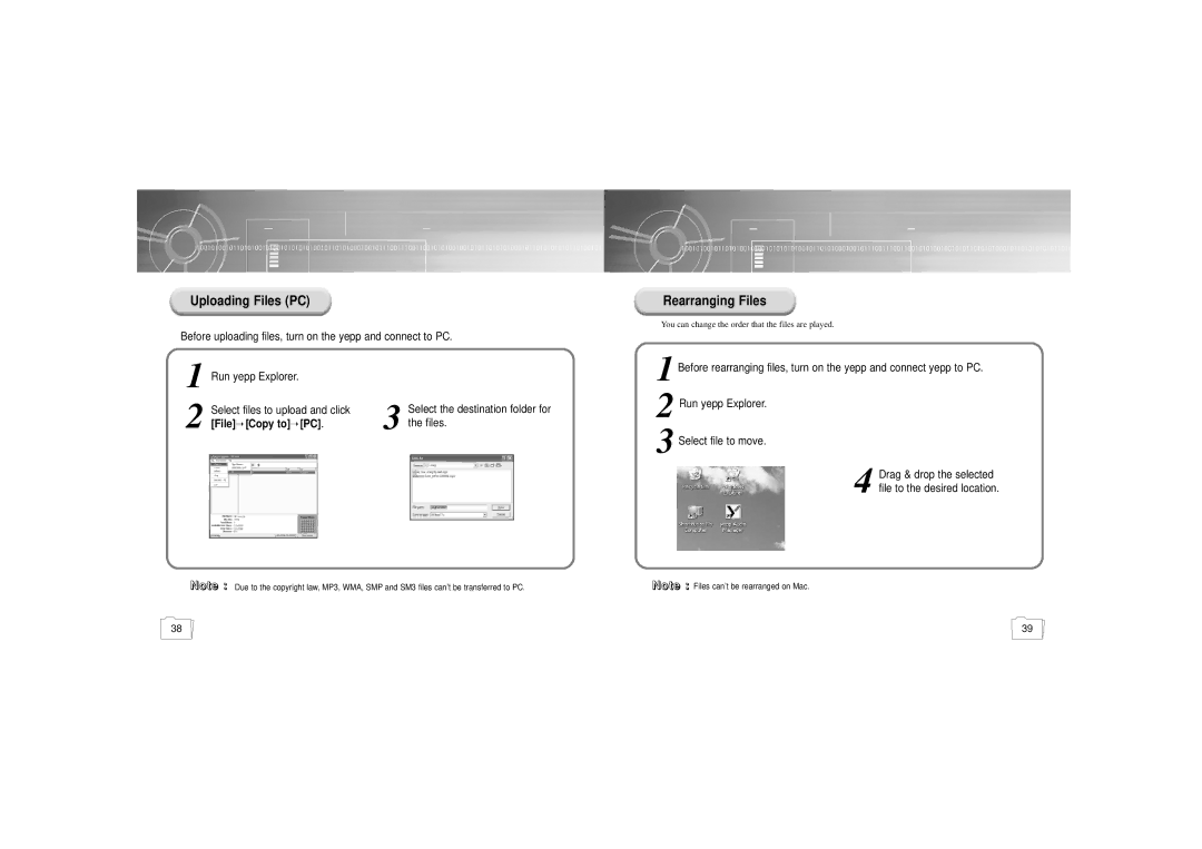 Samsung YP-300 manual Uploading Files PC, Rearranging Files, Before uploading files, turn on the yepp and connect to PC 