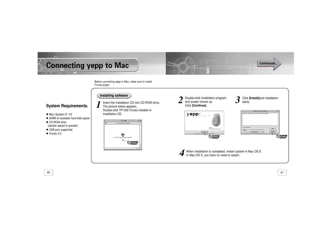 Samsung YP-300 manual Picture below appears, Installation CD, Starts, Mac System 9~10, Click Continue 