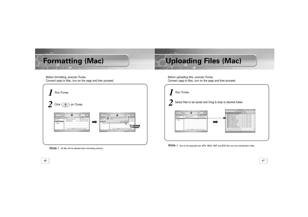 Samsung YP-300 manual Formatting Mac, Uploading Files Mac 