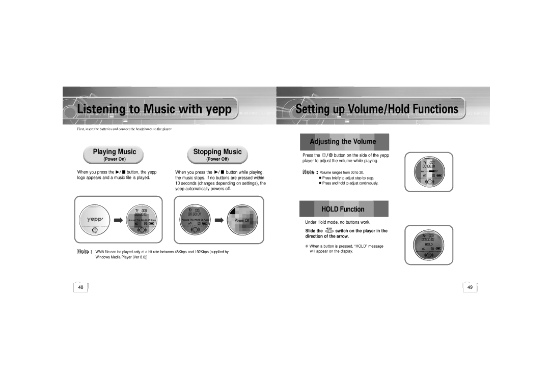 Samsung YP-300 manual Hold Function, Playing Music, Stopping Music Power On, Slide, Direction of the arrow 