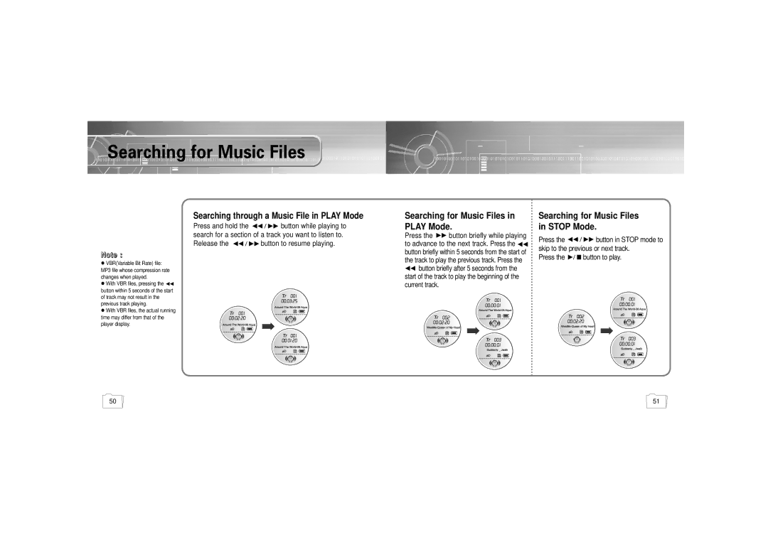 Samsung YP-300 manual Searching for Music Files Play Mode, Searching through a Music File in Play Mode, T e, Press and hold 