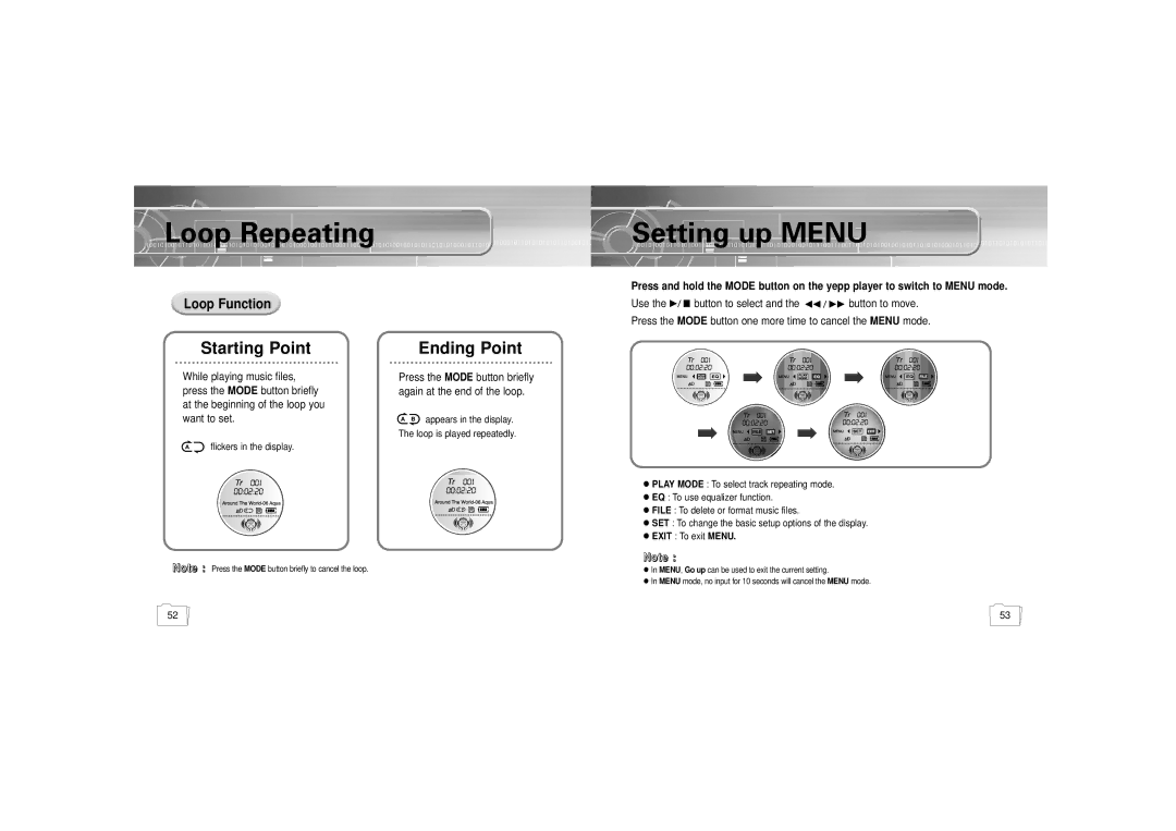 Samsung YP-300 manual Loop Repeating Setting up Menu, Loop Function, Press 