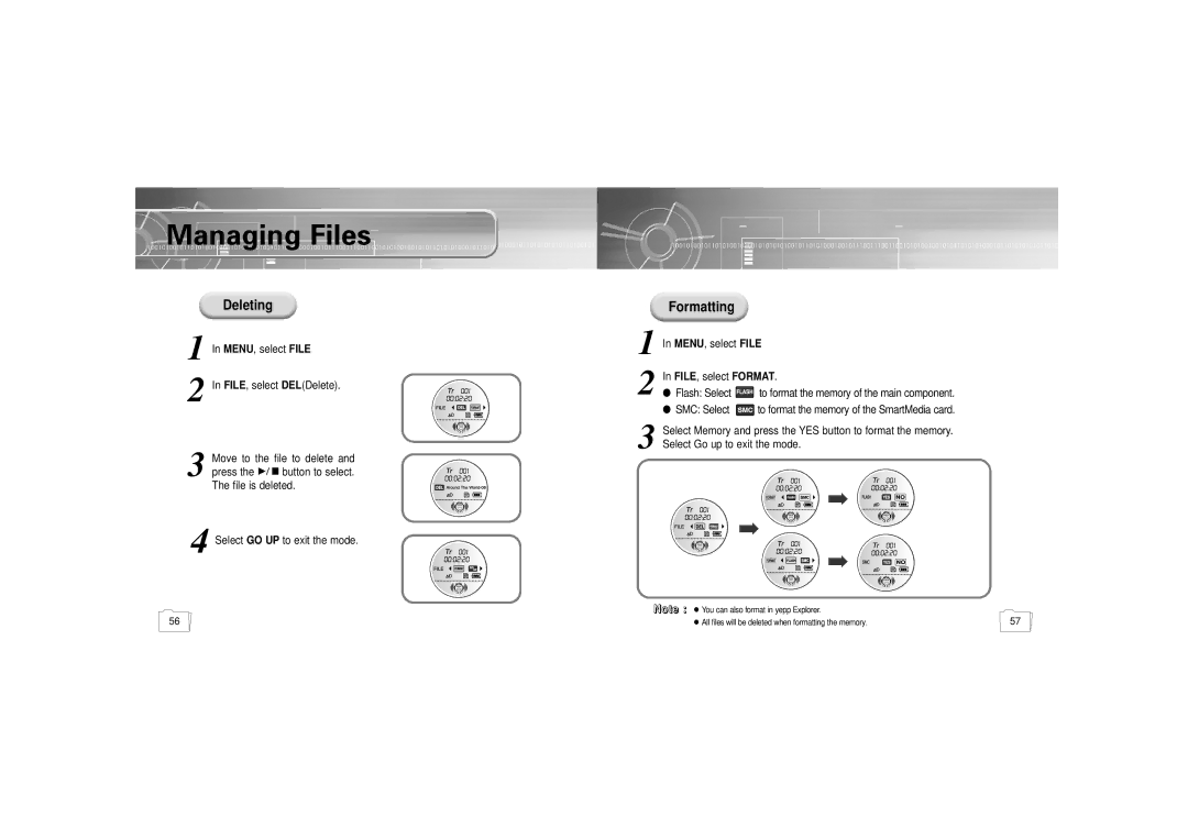 Samsung YP-300 manual Managing Files, Deleting, Formatting, Select Go up to exit the mode 