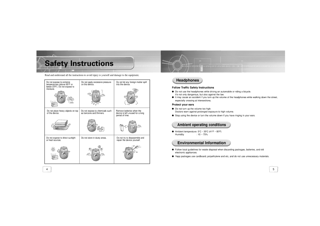 Samsung YP-300 manual Safety Instructions, Ambient operating conditions, Humidity 10 ~ 75% 