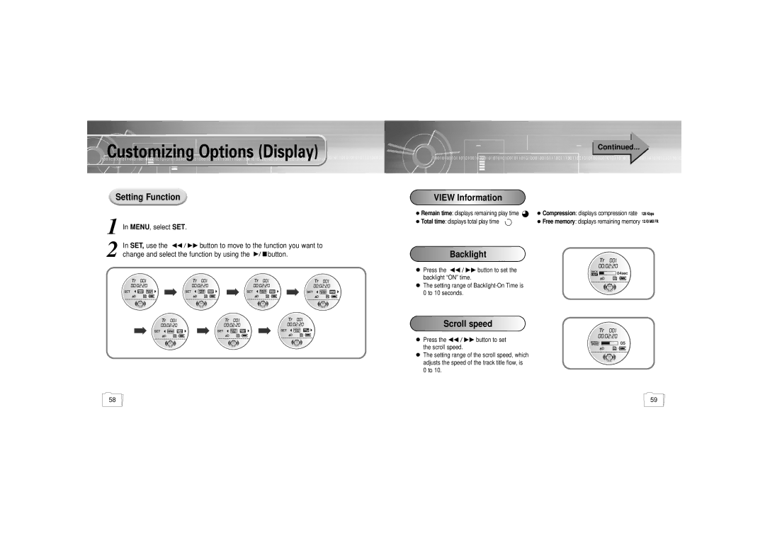 Samsung YP-300 manual Setting Function, View Information, Change and select the function by using 