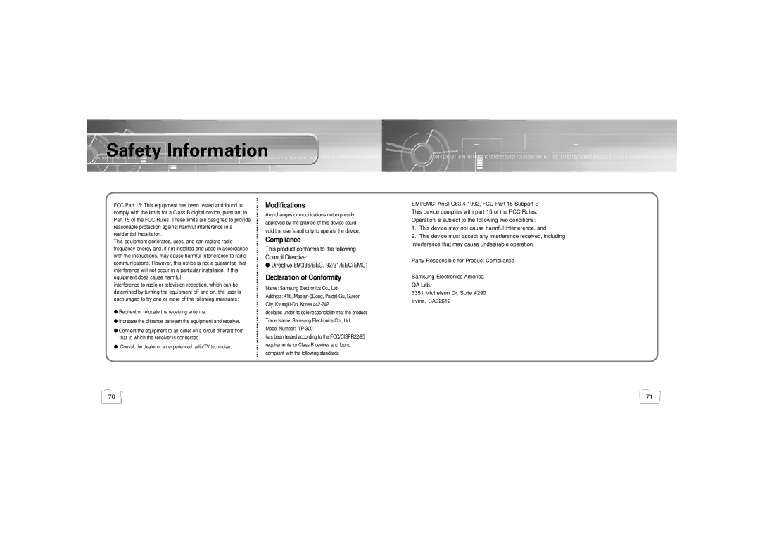 Samsung YP-300 manual Safety Information, Modifications, Compliance, Declaration of Conformity 