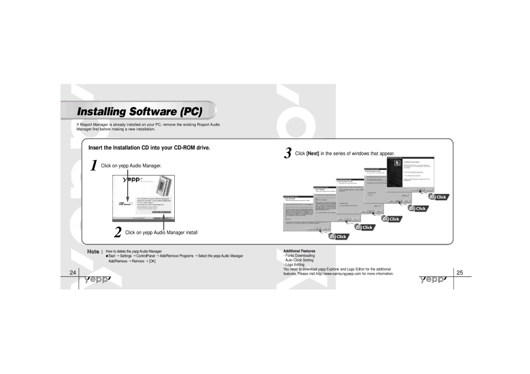 Samsung YP-30SH manual Installing Software PC, ClickNextin the series of windows that appear, Add/Remove 