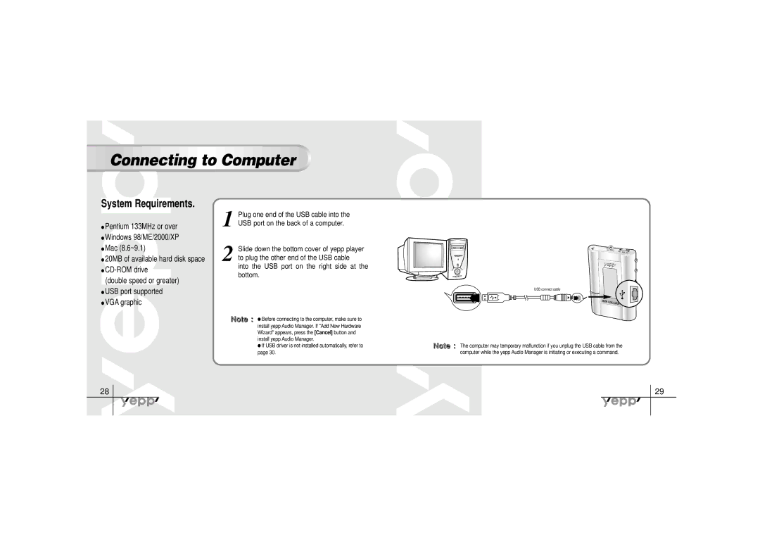 Samsung YP-30SH manual Connecting to Computer, Into the USB port on the right side at the bottom 